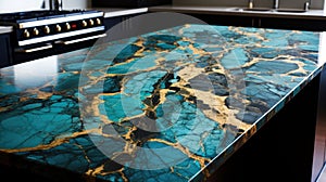 Kitchen worktop. Luxurious elegant turquoise marble stone texture, with gold details. Polished granite