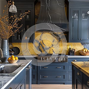 Kitchen With Yellow Tiles and Blue Cabinets
