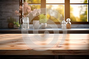 Kitchens summer window background softly blurs behind wooden tabletop