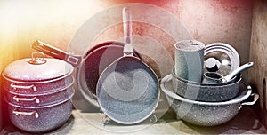 Kitchenware cooking pans in household goods store