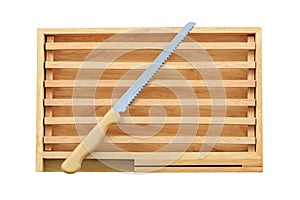 Kitchenware, Isolated intage cutting bread wood block and tray with stainless steel knife on white background