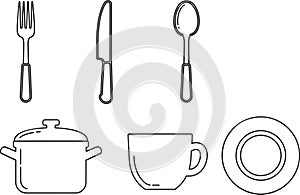 Kitchenware outline vector set utensils and tableware pot spoon and fork