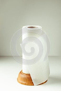 Kitchenware paper towels on wooden holder on white background