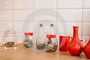 Kitchenware and red bright decor in the Christmas kitchen