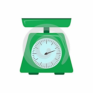 Kitchenware scales flat icon. Green scales with round dial and scale-pan isolated on a white background. Cartoon illustration of