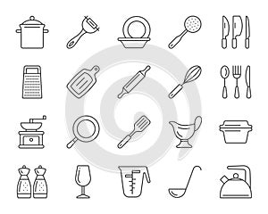 Kitchenware line icons set, cookware simple sign, dishware for food cooking
