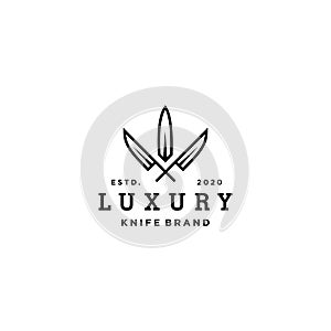 Kitchenware utensil knife logo icon brand in elegant and luxury style with crown elemet, in trendy linear line illustration