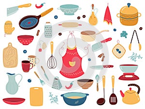 Kitchenware utensils. Cooking supplies and accessories, cutting boards, pots and pans, ceramic plates and steel knives