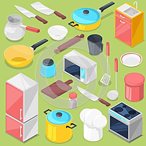 Kitchenware vector household appliance and cookware for cooking or kitchen utensils for kitchener isometric illustration