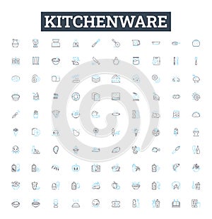 Kitchenware vector line icons set. Cookware, Utensils, Cutlery, Plateware, Appliances, Crockery, Pots illustration