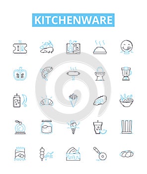 Kitchenware vector line icons set. Cookware, Utensils, Cutlery, Plateware, Appliances, Crockery, Pots illustration