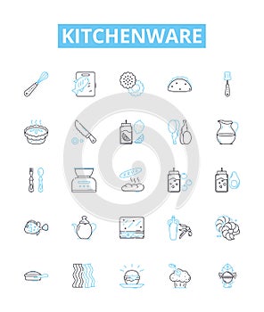 Kitchenware vector line icons set. Cookware, Utensils, Cutlery, Plateware, Appliances, Crockery, Pots illustration