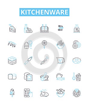 Kitchenware vector line icons set. Cookware, Utensils, Cutlery, Plateware, Appliances, Crockery, Pots illustration