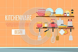 Kitchenware web banner design. Collection of kitchen appliances