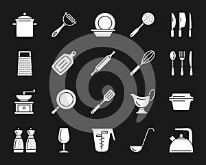 Kitchenware white silhouette icons vector set