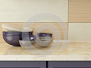 Kitchenware on the worktop.