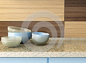 Kitchenware on the worktop.