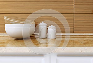 Kitchenware on the worktop.