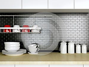 Kitchenware on the worktop.