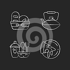 Kitcken dinnerware chalk white icons set on dark background photo