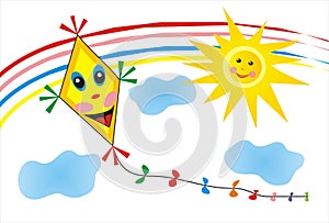 Kite, sun and Rainbow on sky, vector illustration