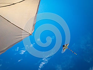 Kite background. Colorful high flying toy. Air kite fly on blue wind sky. Rainbow kite in summer clouds. Festive