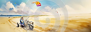 A kite buggy rider speeds across a sandy beach, colorful kites soaring under the bright sky