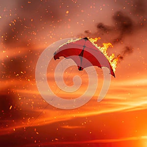 A kite burns in the sky at sunset.