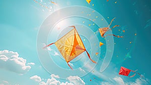A kite flying against a clear blue sky, is a popular Sinhalese New Year activity. The kites are brightly colored photo