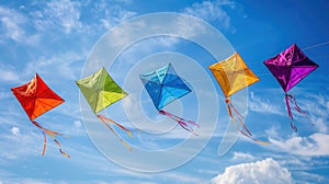 A kite flying against a clear blue sky, is a popular Sinhalese New Year activity. The kites are brightly colored photo