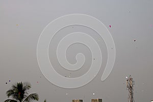 kite flying in blue sky on kite flying day in India