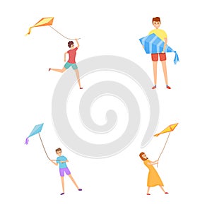 Kite flying icons set cartoon vector. People with kite flying in sky