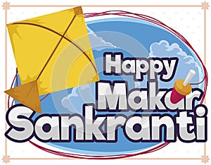 Kite Flying during Makar Sankranti and Sign Decorated with Reel, Vector Illustration