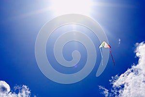 Kite flying in sunlit sky