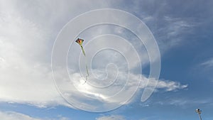 A kite is flying in the wind. on the bright blue sky