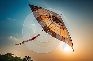 A kite soars in the sky above the roofs of houses with a contour light. A summer day