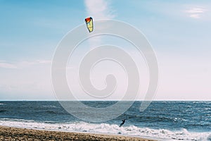 Kite surf in the ocean. Silhouette. Paradise nature.