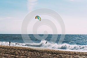 Kite surf in the ocean. Two silhouette. Paradise nature.