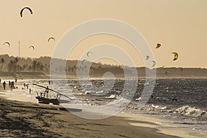 Kite surfers on the sea in Cumbuco Beach near Fortaleza, Brazil.