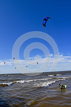 Kite Surfers and Windsurfers at Tiscornia Park Beach, Lake Michigan