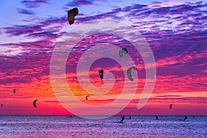 Kite-surfing against a beautiful sunset. Many silhouettes of kit