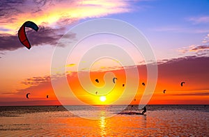 Kite-surfing against a beautiful sunset. Many silhouettes of kit