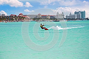 Kite surfing at Palm Beach on Aruba in the Caribbean Sea