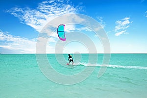 Kite surfing at Palm Beach on Aruba in the Caribbean Sea