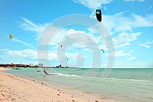 Kite surfing at Palm Beach on Aruba in the Caribbean Sea