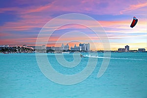 Kite surfing at Palm Beach at Aruba island in the caribbean sea