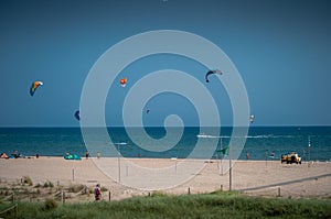 Kite surfing on a sandy beach a fun hobby action.