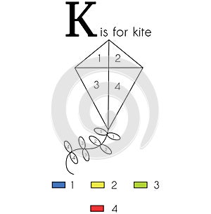 Kite. Vector alphabet letter K, colouring page