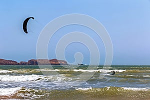 Kiteboarding activities on the Atlantic ocean waves in the Essaouira. Morocco