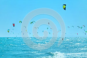 Kiteboarding, Kitesurfing. Water Sports. Kitesurfers In Sea. Sum photo